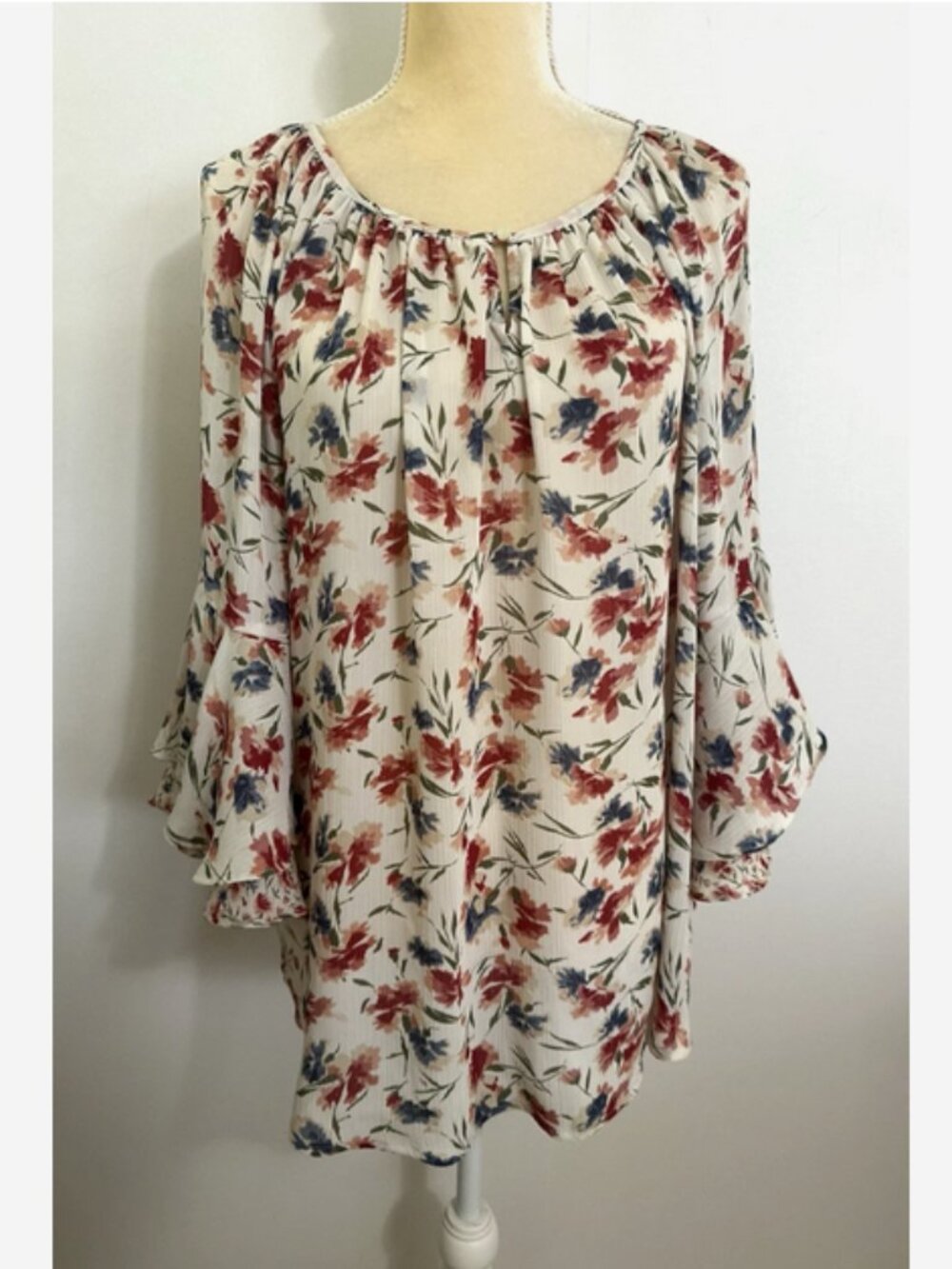 CHAPS Floral Peasant Tunic Top Size Large Bell Sleeves Boho Ralph Lauren